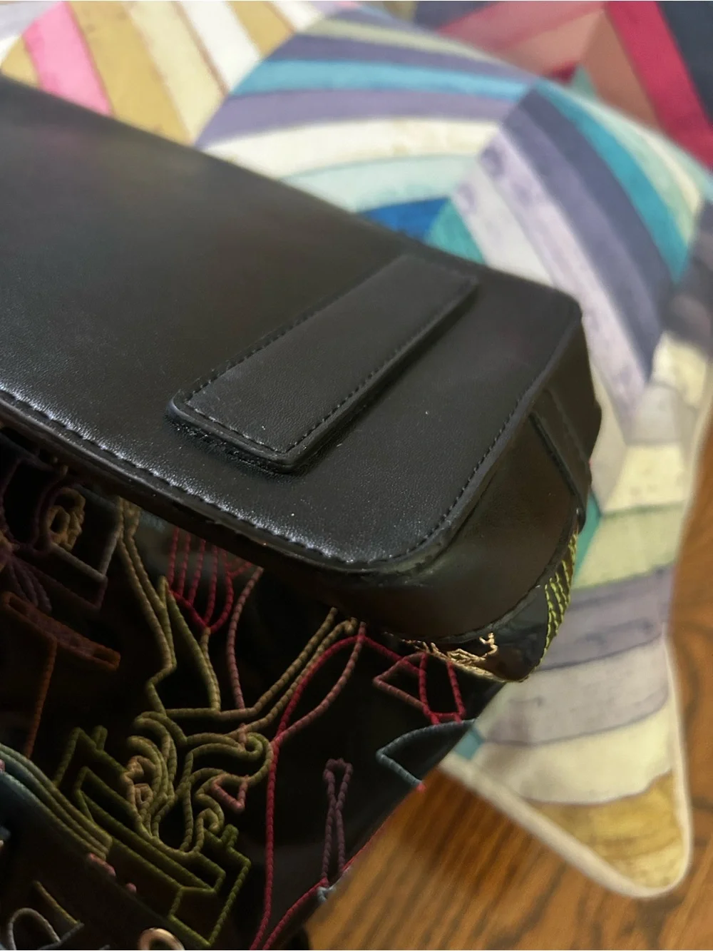 Black Glossy Multicolor Stitch Tote Bag
